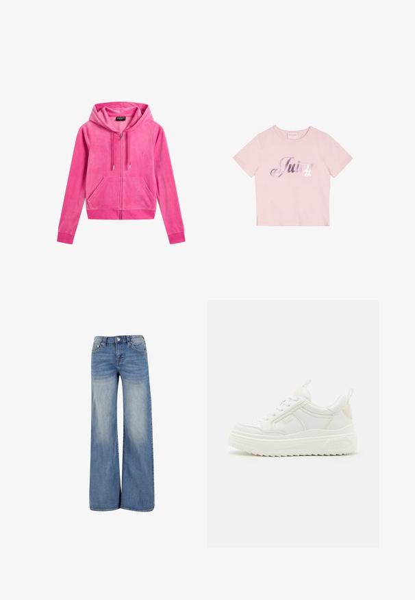Roze fluwelen zip-up hoodie met een trekkoordcapuchon, zijzakken, geribbelde manchetten en een klein geborduurd logo op de linkerborst.; Roze t-shirt met korte mouwen, gemaakt van katoen, met een metalen zilveren tekst "Juicy" op de voorkant. Eenvoudig ontwerp met ronde hals.; Wijd gesneden blauwe denim jeans met een lichte wassing, voorzien van een traditionele vijf-pocket stijl, knoopsluiting en subtiele vervaging aan de voorkant.; Witte leren sneakers met een stevige zool, vetersluiting en subtiele branding. Heeft een zachte textuur en een ronde neus.