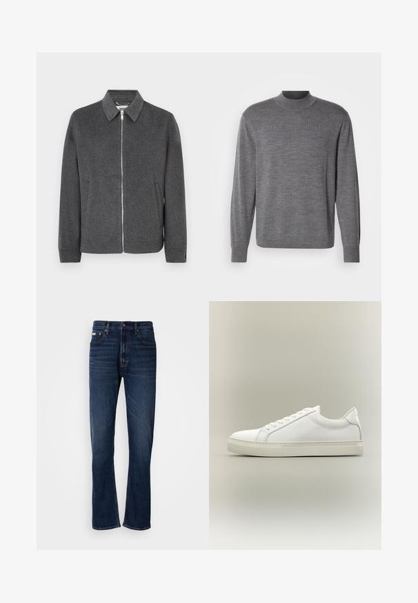 Chaqueta gris de lana con cremallera y cuello, de manga larga, con bolsillos laterales y una textura sólida. Presenta una cremallera plateada y una etiqueta de logo en el interior.; Suéter gris de manga larga hecho de material de punto, con cuello alto y un logo sutil en el pecho. Textura suave y diseño ajustado.; Pantalones vaqueros de mezclilla azul oscuro con un diseño de pierna recta, que cuentan con cinco bolsillos, cremallera y costuras en contraste. Tejido texturizado con un acabado suave.; Zapatilla blanca de perfil bajo con cordones en la parte delantera y suela gruesa, mostrada de lado sobre un fondo neutro.
