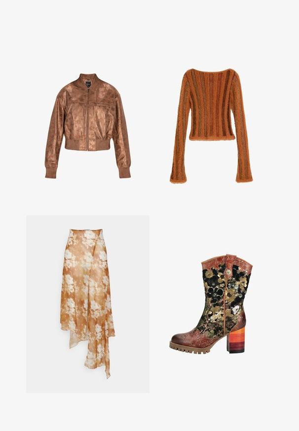 Brun læder bomberjakke med et cropped design, ribbede manchetter og lynlås foran. Har en glat tekstur og en subtil glans.; Langærmet, blød cropped sweater med lodrette striber i nuancer af brun og orange på hvid baggrund.; Ioannes SHAWL SKIRT - A-snit nederdel - sprayed lace ochre; Læder- og stofstøvle til midtkalven med blomstermønster af pailletter, brun prikket snude og chunky flerfarvet blokhæl med mønstret sål.