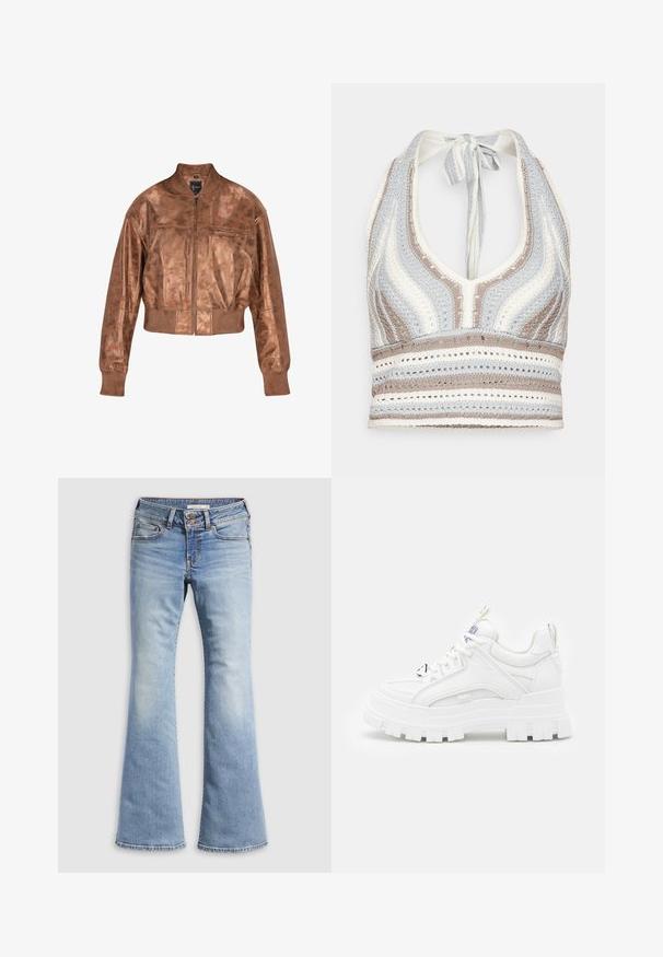 Veste bomber en cuir marron avec un design court, des poignets côtelés et une fermeture éclair sur le devant. Présente une texture lisse et un éclat subtil.; Haut halter en crochet avec des rayures bleu clair, beige et blanc, doté d'un décolleté en V profond et d'un lien dans le dos. Texture en torsion ouverte sur l'ensemble.; Jean évasé bleu clair en denim. Il présente une fermeture par bouton, cinq poches et une texture délavée avec des ourlets sans couture.; Baskets blanches chunky avec une tige texturée, un col rembourré et une semelle épaisse à stries. Présente des lacets noirs contrastants et un détail de marque.
