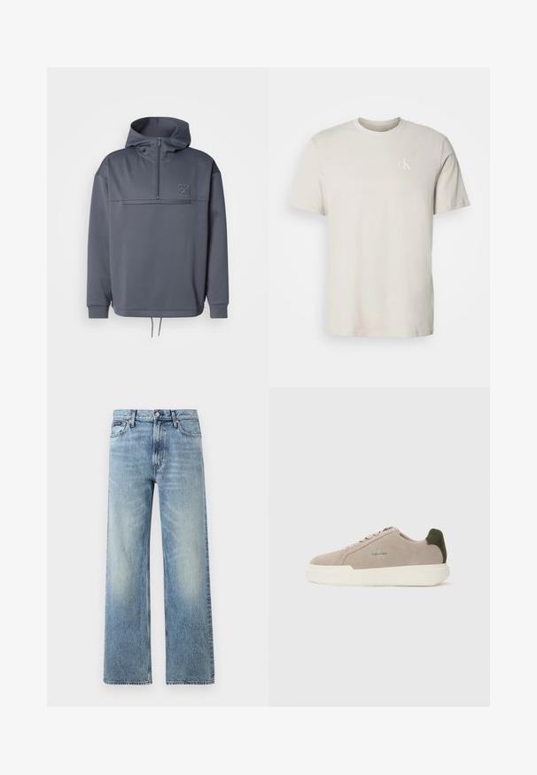 Grauer Hoodie mit hohem Kragen, halber Reißverschluss, Fronttasche und Kordelzug am Saum. Verfügt über ein dezentes Logo auf der oberen linken Brust.; Beige kurzärmeliges Baumwoll-T-Shirt mit rundem Ausschnitt und kleinem weißem "cK"-Logo auf der linken Brust.; Hellblaue Jeans mit geradem Bein, hohem Bund, fünf Taschen, Knopfverschluss und dezentem Verblassen an Oberschenkeln und Knien.; Beige Wildledersneaker mit einer weißen Gummisohle, die einen dunkelgrünen Akzent an der Ferse und dezente Markenaufschrift an der Seite aufweisen.