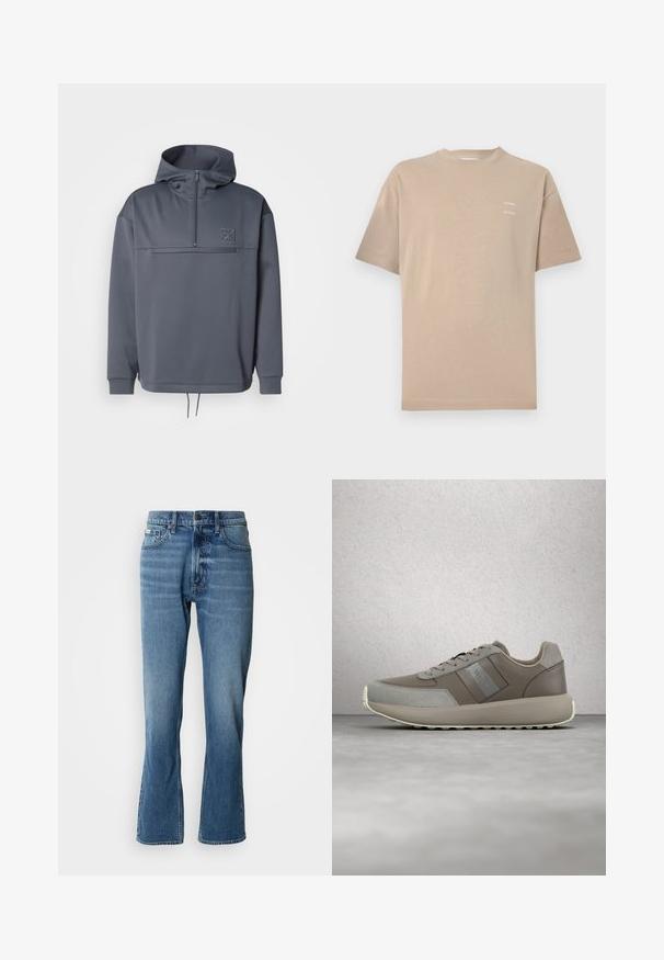 Grauer Hoodie mit hohem Kragen, halber Reißverschluss, Fronttasche und Kordelzug am Saum. Verfügt über ein dezentes Logo auf der oberen linken Brust.; Beiges Baumwoll-T-Shirt mit Rundhalsausschnitt, kurzen Ärmeln und dezentem, gedrucktem Branding auf der linken oberen Brust. Glatte Textur, minimalistisches Design.; Hellblaue Denim-Jeans mit geradem Schnitt und leicht ausgestelltem Bein. Verfügt über fünf Taschen, einen Knopfverschluss und dezente Waschungseffekte.; Beige Leder-Sneaker mit glatter Textur und grauen Wildlederakzenten. Verfügt über eine gepolsterte Sohle und ein minimalistisches Design. Calvin Klein-Branding sichtbar.