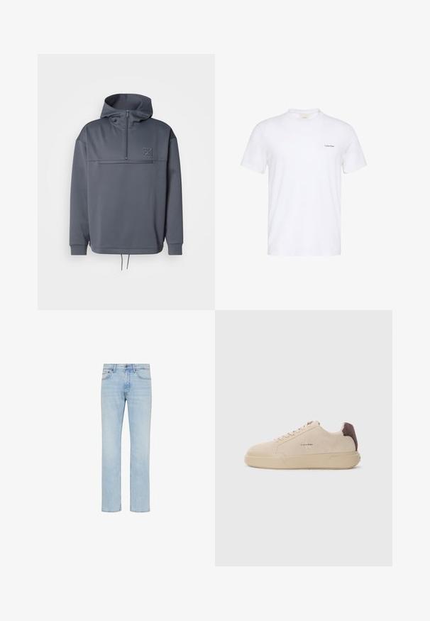Grauer Hoodie mit hohem Kragen, halber Reißverschluss, Fronttasche und Kordelzug am Saum. Verfügt über ein dezentes Logo auf der oberen linken Brust.; Weißes T-Shirt mit kurzen Ärmeln und Rundhalsausschnitt, mit kleinem schwarzem Calvin Klein-Logo auf der linken Brust.; Hellblaue Straight-Leg-Jeans aus Denim mit vorderem Knopf, Reißverschluss und Fünf-Taschen-Design, gezeigt auf weißem Hintergrund.; Beige Wildleder-Sneaker mit runder Spitze, Schnürung vorne und einem braunen Wildlederakzent an der Ferse. Verfügt über eine strukturierte Gummisohle.