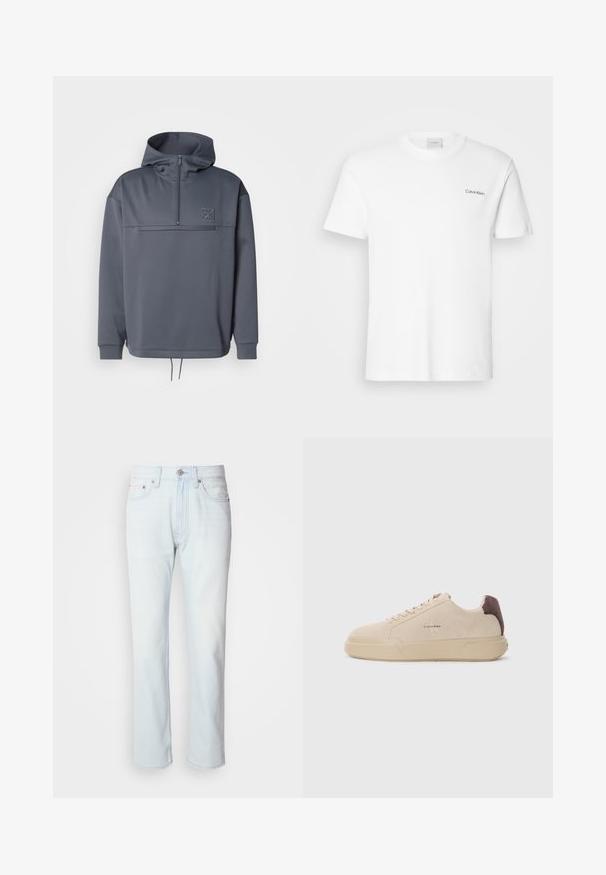 Grauer Hoodie mit hohem Kragen, halber Reißverschluss, Fronttasche und Kordelzug am Saum. Verfügt über ein dezentes Logo auf der oberen linken Brust.; Weißes Baumwoll-T-Shirt mit kurzen Ärmeln und Rundhalsausschnitt. Mit einem kleinen schwarzen "Calvin Klein"-Logo auf der linken Brust.; Hellblaue Jeans mit geradem Bein. Verfügt über einen Knopfverschluss und Gürtelschlaufen, präsentiert eine ausgebleichte Textur und minimale Nähte.; Beige Wildleder-Sneaker mit runder Spitze, Schnürung vorne und einem braunen Wildlederakzent an der Ferse. Verfügt über eine strukturierte Gummisohle.