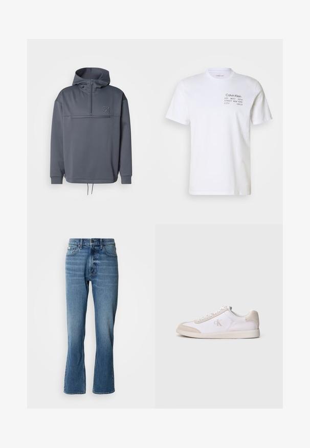 Grauer Hoodie mit hohem Kragen, halber Reißverschluss, Fronttasche und Kordelzug am Saum. Verfügt über ein dezentes Logo auf der oberen linken Brust.; Weißes Baumwoll-T-Shirt mit kurzen Ärmeln, Rundhalsausschnitt und aufgedrucktem Text: "Calvin Klein 205 WEST 39TH STREET NEW YORK CITY 10018."; Hellblaue Denim-Jeans mit geradem Schnitt und leicht ausgestelltem Bein. Verfügt über fünf Taschen, einen Knopfverschluss und dezente Waschungseffekte.; Weißer und beiger Sneaker mit niedriger Schnittform, Schnürverschluss, Wildlederakzenten und „cK“-Logo an der Seite, im Profil vor einfarbigem Hintergrund gezeigt.