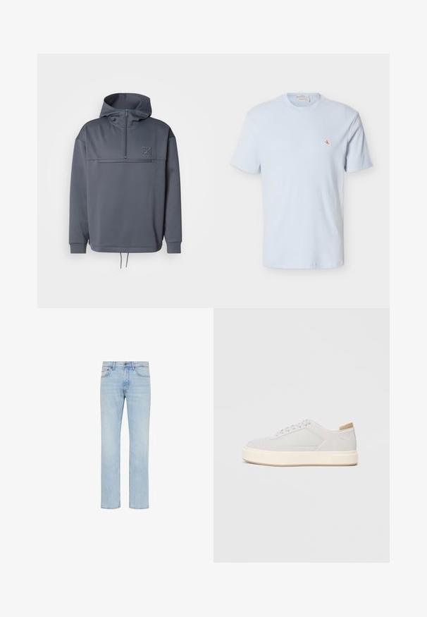 Grauer Hoodie mit hohem Kragen, halber Reißverschluss, Fronttasche und Kordelzug am Saum. Verfügt über ein dezentes Logo auf der oberen linken Brust.; Hellblaues, kurzärmeliges Waffelstrick-T-Shirt mit Rundhalsausschnitt und kleinem rotem "CK"-Logo-Patch auf der linken Brust.; Hellblaue Straight-Leg-Jeans aus Denim mit vorderem Knopf, Reißverschluss und Fünf-Taschen-Design, gezeigt auf weißem Hintergrund.; Hellgraue Sneaker mit einer glatten Synthetik-Oberfläche, runder Spitze und einer strukturierten cremefarbenen Zwischensohle. Helle tanfarbene Akzente an der Ferse.