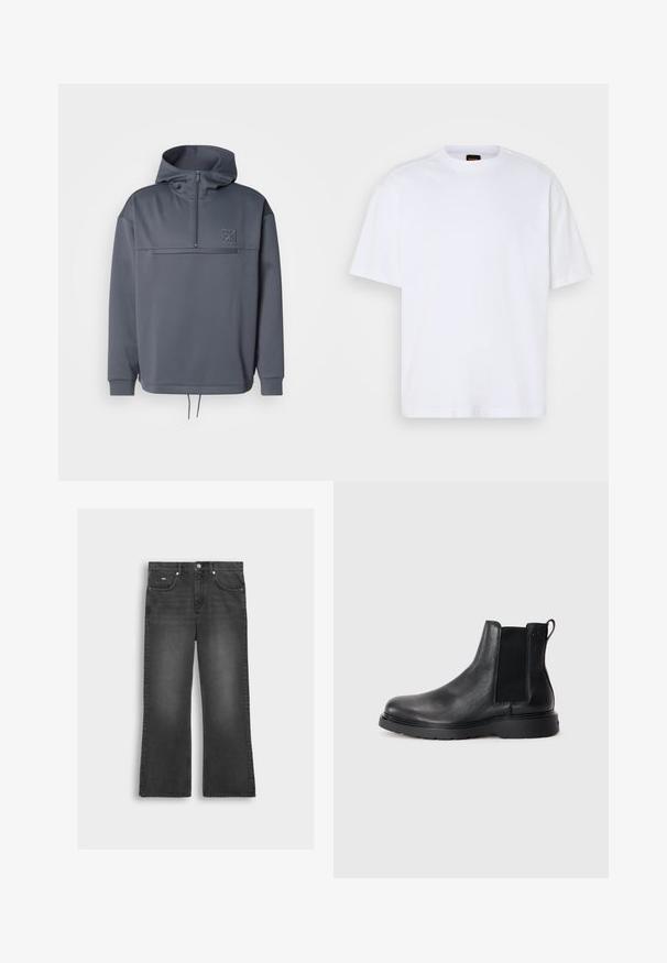Grauer Hoodie mit hohem Kragen, halber Reißverschluss, Fronttasche und Kordelzug am Saum. Verfügt über ein dezentes Logo auf der oberen linken Brust.; Weißes Baumwoll-T-Shirt mit Rundhalsausschnitt, kurzen Ärmeln und lässiger Passform. Verfügt über strukturierte Schulternaht für zusätzliche Details.; Schwarze, ausgestellte Jeans aus Denim mit einem ausgewaschenen Finish, ausgestattet mit einem vorderen Knopfverschluss, Gürtelschlaufen und zwei Seitentaschen.; Schwarze Leder-Chelsea-Boots mit strukturiertem Finish, elastischen seitlichen Einsätzen und einer robusten Gummisohle. Dezentes Branding an der Ferse.
