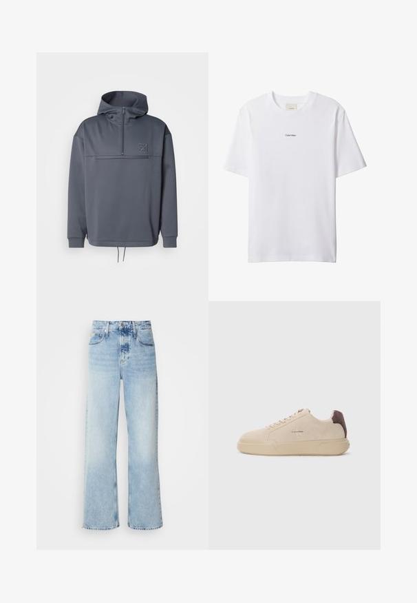 Grauer Hoodie mit hohem Kragen, halber Reißverschluss, Fronttasche und Kordelzug am Saum. Verfügt über ein dezentes Logo auf der oberen linken Brust.; Weißes Baumwoll-T-Shirt mit Rundhalsausschnitt und kurzen Ärmeln. Auf der Brust zentriert befindet sich ein kleines schwarzes "Calvin Klein"-Logo.; Helle blaue weite Jeans mit hoher Taille, in verwaschenem Finish, mit Gürtelschlaufen und klassischem Fünf-Taschen-Design. Der Saum ist ungesäumt.; Beige Wildleder-Sneaker mit runder Spitze, Schnürung vorne und einem braunen Wildlederakzent an der Ferse. Verfügt über eine strukturierte Gummisohle.