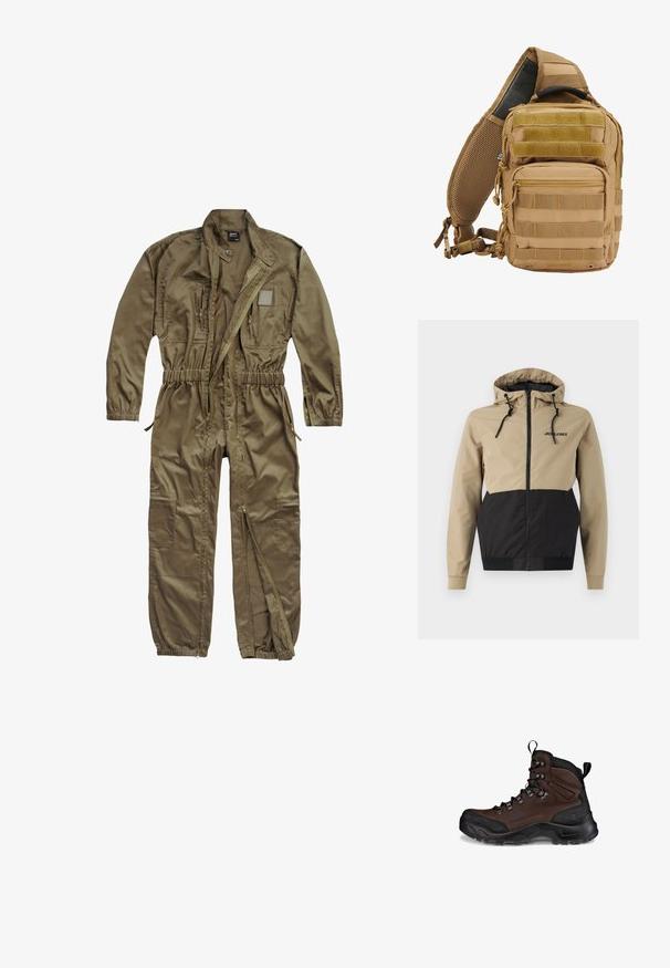 Huppari, jossa on vaalea yläosa ja mustat alaosat, valmistettu sileästä materiaalista, varustettu kiristysnauhoilla ja edessä olevalla vetoketjulla.; Oliivinvihreä utilitaristinen haalaripuku, joka on valmistettu kestävästä kankaasta. Siinä on vetoketjusuljenta edessä, joustava vyötärö ja useita taskuja vartalolla ja jaloissa.; Ruskeat vaelluskengät, joissa on tekstuurilla varustettu nahka-yläosa, musta kuminen varvaskuppi, vahvistetut nauhavälikkeet ja kova pohja pitämään tukevasti maan pinnalla.; Ruskea taktinen reppu, jossa on useita taskuja, nauhaverkko hihnat, pehmustettu verkkoselkä, vetoketjut ja vahvistetut saumat kestävyydelle.