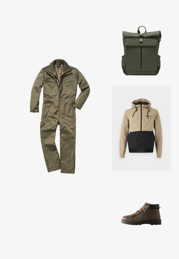 Chaqueta con capucha que presenta un panel superior beige y paneles inferiores negros, fabricada con un material suave, con cuerdas ajustables y una cremallera frontal.; Mono verde oliva hecho de un tejido duradero, con cierre frontal de cremallera, cuello acanalado y múltiples bolsillos con cremallera en el pecho y los lados.; Bota de senderismo de cuero marrón con cordones naranjas, ojales de metal, cuello acolchado negro en el tobillo y suela gruesa de goma negra.; Mochila enrollable verde oliva con bolsillo frontal con solapa, cierre con hebilla metálica, bolsillos laterales y asa superior tejida.