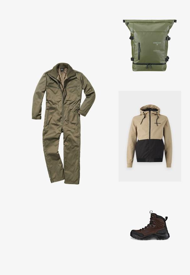 Hooded jacket met een beige bovenkant en zwarte onderpanelen, gemaakt van glad materiaal met trekkoordjes en een rits aan de voorkant.; Olijfgroene jumpsuit gemaakt van duurzaam weefsel, met een ritssluiting aan de voorkant, geribde kraag en meerdere met rits afsluitbare zakken op de borst en zijkanten.; Bruine wandelschoen met een textuurleder bovenwerk, zwart rubberen neuskap, versterkte ogen en een robuuste buitenzool voor grip.; Groene roll-top rugzak met een textuur oppervlak, verstelbare schouderbanden, een ritsvak aan de voorkant en logo-details in witte en zwarte accenten.