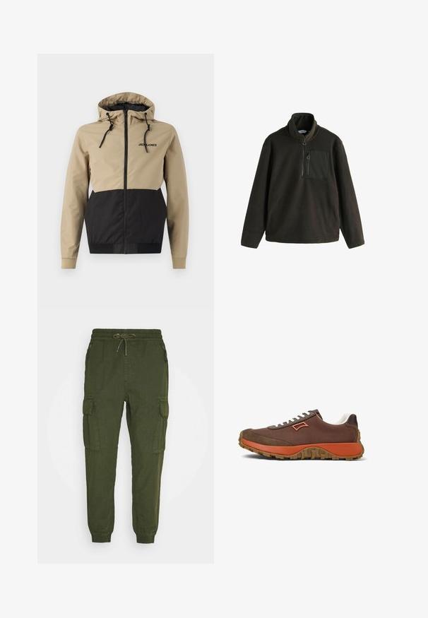 Chaqueta con capucha que presenta un panel superior beige y paneles inferiores negros, fabricada con un material suave, con cuerdas ajustables y una cremallera frontal.; Forro polar en verde oliva oscuro con cuello alto, cremallera frontal y un bolsillo en el pecho con cierre de cremallera. Textura suave, ajuste relajado.; Pantalones cargo verde oliva con cinturilla elástica, cordón, bolsillos laterales y puños ajustados. Hechos de una tela texturizada para mayor comodidad.; Zapatilla deportiva marrón con acentos naranjas, ante marrón texturizado, cordones blancos y una suela de goma con un patrón de olas.