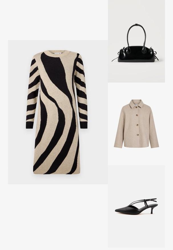 Beige uldblandingsjakke med krave, fem brune knapper, sidelommer og en boksformet silhuet. Blød tekstur og minimalistisk design.; Strikkjole med en beige bundfarve og kraftige sorte zebra-striber, lange ærmer og rund halsudskæring. Blød tekstur med en afslappet pasform.; Sort læder spids tå kitten heel med tynd ankelrem og spænde, slingback design, på en ensfarvet lys baggrund.; Lille sort blank håndtaske med to lange håndtag og snøre-detaljer i siden på en ensfarvet lys baggrund.