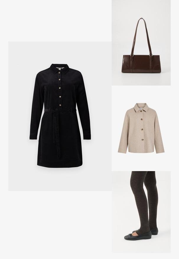 Beige uldblandingsjakke med krave, fem brune knapper, sidelommer og en boksformet silhuet. Blød tekstur og minimalistisk design.; Sort kordfløjlskjole med knaplukning fortil, lange ærmer og et bælte i taljen. Har en klassisk krave og sidelommer.; Ben iført mørke ribbede leggings kombineret med sorte balletsko med små sløjfedetaljer på hvid baggrund.; Brun lakeret håndtaske med rektangulær form, to lange håndtag og subtile buede detaljer på fronten.