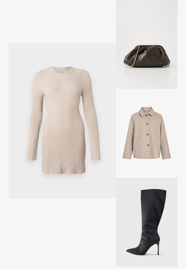 Beige uldblandingsjakke med krave, fem brune knapper, sidelommer og en boksformet silhuet. Blød tekstur og minimalistisk design.; Beige ribbet strik langærmet kjole med en tætsiddende talje og rund halsudskæring på en hvid baggrund.; Sort knæhøj stiletstøvle lavet af glat, glansfuldt materiale; spids tå; tætsiddende pasform med let samling nær anklen; skinnende hæl.; Brun læderhandtaske med en sammensnøring, guld kædestrop og blød, struktureret overflade. Kompakt form velegnet til aftensbrug.