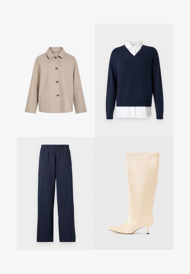 Beige uldblandingsjakke med krave, fem brune knapper, sidelommer og en boksformet silhuet. Blød tekstur og minimalistisk design.; Marinblå v-hals sweater i blødt strik, lagd over en hvid skjorte med små, tilfældigt placerede prikker og klassisk krave.; Marineblå vide bukser med sømstriber, der har en elastisk talje og en glat tekstur.; Knæhøj beige læderstøvle med en slank, glat finish, spids tå og en lav, slank hæl. Har et minimalistisk design uden synlige dekorationer.