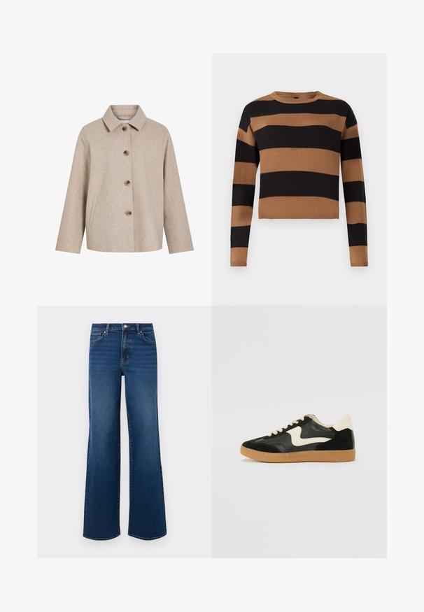 Beige uldblandingsjakke med krave, fem brune knapper, sidelommer og en boksformet silhuet. Blød tekstur og minimalistisk design.; Brun og sort stribet striktrøje, rund hals, lange ærmer, tekstureret stof, cropped cut, med vekslende tykke striber.; Vidde ben denim jeans i mørkeblå med en tekstureret overflade, der har en knaplukning, fem lomme-design og lige kant.; Sorte ruskinds- og lædersneakers med en cremefarvet side-swoosh og lys cremefarvet hæl. Har beige snørebånd og en gummirubber-sål.
