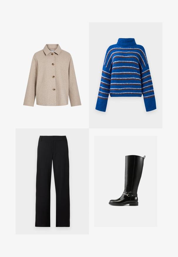 Beige uldblandingsjakke med krave, fem brune knapper, sidelommer og en boksformet silhuet. Blød tekstur og minimalistisk design.; Blå turtleneck sweater med horisontale brune, hvide og lyseblå striber, lange ærmer og ribbede mansjetter.; Sorte bukser med lige ben, bæltestropper og lynlås foran, vist mod en hvid baggrund.; Sorte knæhøje støvler lavet af blankt læder med en sølvfarvet spænde ved anklen og rundet snude. Flad sål.