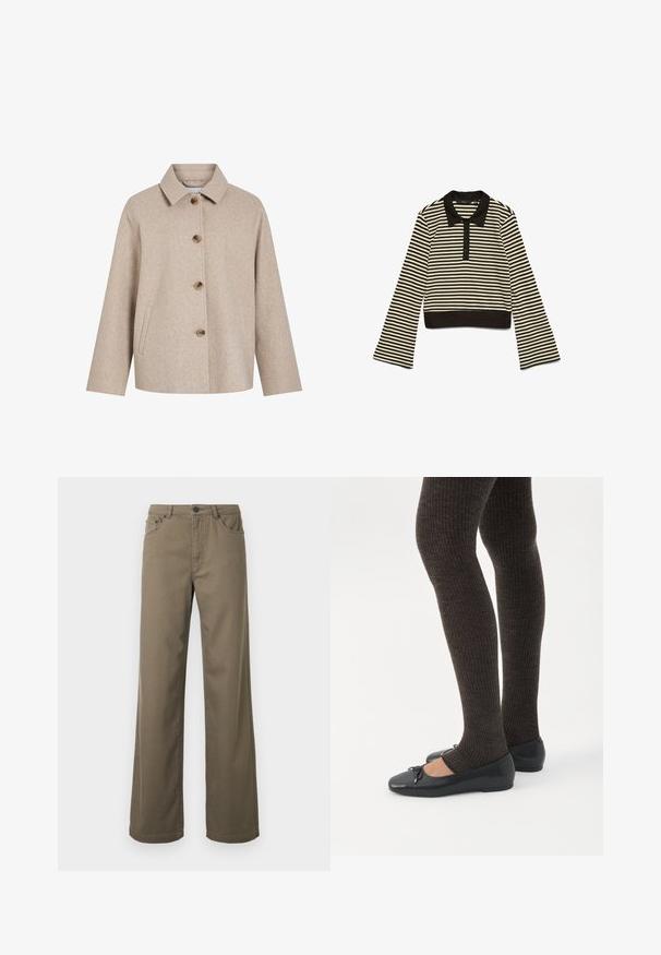 Chaqueta de mezcla de lana beige con cuello tipo solapa, cinco botones marrones, bolsillos laterales y silueta cuadrada. Textura suave y diseño minimalista.; Camisa polo de manga larga a rayas horizontales negras y beige con un cuello negro y una fila de botones, extendida sobre un fondo blanco.; Pantalones de pierna ancha en algodón verde oliva, con cierre de botones, trabillas para cinturón y diseño de cinco bolsillos con una textura suave y duradera.; Piernas con leggings oscuros acanalados combinados con bailarinas negras que presentan pequeños detalles de lazo sobre un fondo blanco.