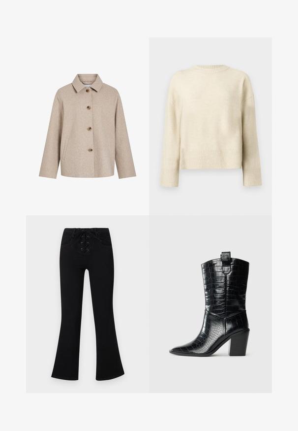 Beige uldblandingsjakke med krave, fem brune knapper, sidelommer og en boksformet silhuet. Blød tekstur og minimalistisk design.; Cremefarvet strikket sweater med lange ærmer, ribbede manchetter, kant og rund halsudskæring, præsenteret på en ensfarvet baggrund.; Sorte højtaljede bukser med vidde og snøre foran samt sidelommer, vist på en lysegrå baggrund.; Sort westernstøvle til midten af lægen med spids tå, blokhæle og blank lædertekstur med krokodillepræg mod hvid baggrund.