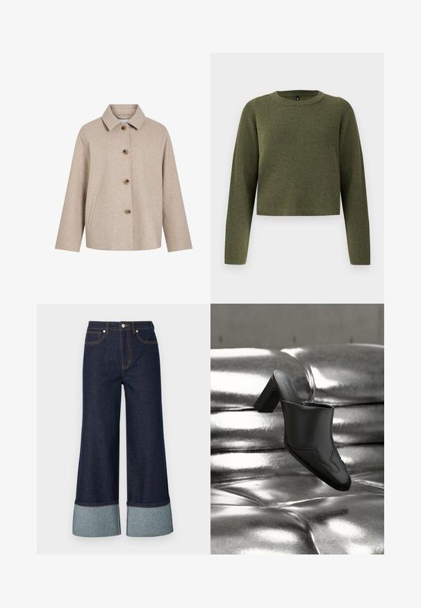 Beige uldblandingsjakke med krave, fem brune knapper, sidelommer og en boksformet silhuet. Blød tekstur og minimalistisk design.; Grøn kortærmet sweater med lange ærmer, lavet af tekstureret strikstof. Har en rund halsudskæring og minimalistisk design.; Bredde jeans lavet af mørk denim, med en lysere denimmanchet. Designet omfatter forlommer og kontrastsyningsdetaljer.; Sort lædermule med blokhæl hvilende på en skinnende sølvpolstret overflade, der fremhæver dens elegante design og buede detaljer.
