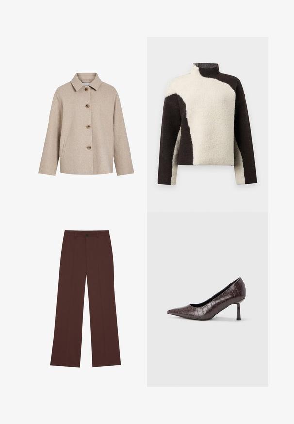 Chaqueta de mezcla de lana beige con cuello tipo solapa, cinco botones marrones, bolsillos laterales y silueta cuadrada. Textura suave y diseño minimalista.; Suéter de forro polar con un alto cuello, que presenta un diseño a bloques de color en marrón oscuro y crema, mostrando un acabado suave y texturizado.; Pantalones de pernera ancha en una rica tela marrón. Presentan un cierre de botón, dos bolsillos frontales, una textura suave y líneas limpias.; Tacones puntiagudos de cuero sintético marrón con textura de cocodrilo, con un tacón delgado y angular y un forro interior suave.