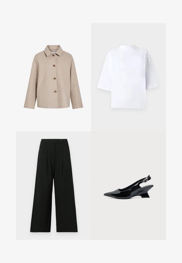Beige uldblandingsjakke med krave, fem brune knapper, sidelommer og en boksformet silhuet. Blød tekstur og minimalistisk design.; Hvid bomulds t-shirt med korte ærmer, høj, rund hals og løs pasform. Glat tekstur uden synlige mønstre eller detaljer.; Sort, højtaljede bukser med vide ben, med en forreste læg og knaplukning. Fremstillet af glat stof uden synlige mønstre.; Sort laklæder slingback sko med spids tå og lav vinklet blokhæl på ensartet lys baggrund.