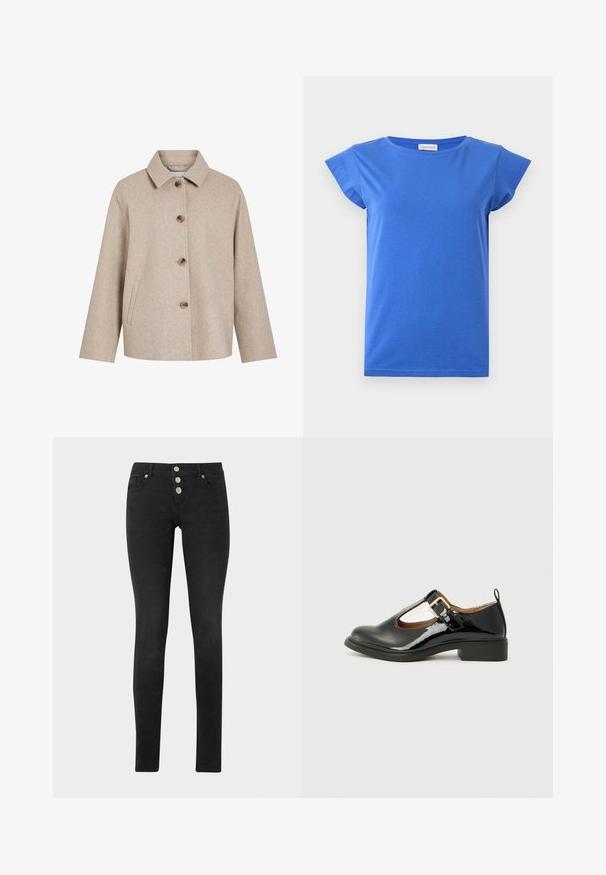Beige uldblandingsjakke med krave, fem brune knapper, sidelommer og en boksformet silhuet. Blød tekstur og minimalistisk design.; Blå kortærmet dame t-shirt med rund halsudskæring, glat stof og let kappelignende ærmer, vist på en ensartet hvid baggrund.; Sorte skinny jeans lavet af denim, med høj talje og tre sølvknapper samt et klassisk design med fem lommer.; Sorte lakerede Mary Jane-sko med rund tå, ankelrem, guldbeslag og lav blokhæl. Glat tekstur.