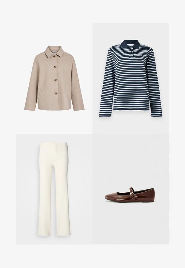 Beige wollen mix jas met een kraag, vijf bruine knopen, zijzakken en een boxy silhouette. Zachte textuur en minimalistisch ontwerp.; Poloshirt met lange mouwen in marineblauw en witte strepen, gemaakt van katoen, met een knoopsluiting bij de kraag en een klein logo op de borst.; Crème-kleurige flared broek gemaakt van een zachte stof; heeft een knoopsluiting en een zachte textuur; met een op maat gemaakte taille.; Bruine gepatineerde leren balletschoen met een vierkante neus en een bandje met een kleine gouden gesp. Gladde textuur, lage hak en minimalistisch ontwerp.