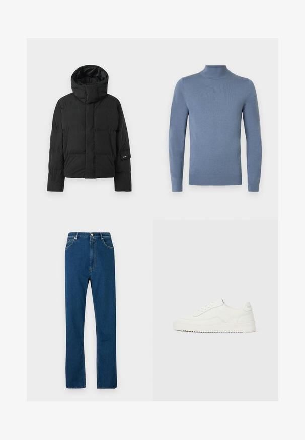 Veste matelassée noire avec un col montant, dotée d'une texture de tissu lisse, d'une fermeture éclair et de deux poches avant. Étiquette de marque sur la manche.; Pull à col roulé bleu clair en tissu tricoté, avec manches longues, col et ourlet côtelés. Design simple sans motifs visibles.; Jean en denim bleu avec une taille haute, une coupe droite, un style à cinq poches et des coutures orange contrastées. Texture lisse.; Baskets basses en cuir blanc avec fermeture à lacets, languette de talon texturée et semelle en caoutchouc blanc légèrement rainurée sur un fond clair uni.