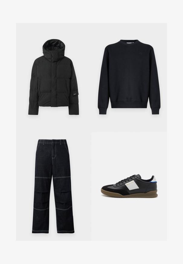 Veste matelassée noire avec un col montant, dotée d'une texture de tissu lisse, d'une fermeture éclair et de deux poches avant. Étiquette de marque sur la manche.; Sweat-shirt noir en mélange de coton. Col rond, manches longues, poignets et ourlet côtelés. Détail subtil du logo sur la poitrine.; Pantalons en denim foncé à jambes larges et taille haute, dotés de coutures contrastantes et de poches superposées sur les cuisses.; Baskets en cuir noir et en nubuck avec un panneau gris, semelle en caoutchouc marron et accent bleu sur le talon. Elles disposent de lacets et d'un logo embossé.