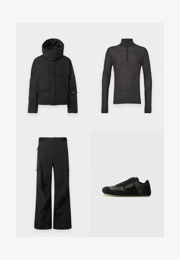 Veste matelassée noire avec un col montant, dotée d'une texture de tissu lisse, d'une fermeture éclair et de deux poches avant. Étiquette de marque sur la manche.; Chandail noir à manches longues et col roulé en tissu texturé, avec une demi-fermeture éclair au niveau du col et des manches ajustées.; Pantalons cargo noirs en tissu lisse et résistant à l'eau. Dotés de jambes larges, de multiples poches latérales et d'une taille plate avec un branding subtil.; Baskets noires en suède et cuir. Présentent un profile bas, un bout arrondi, un design à lacets et des accents texturés. Les semelles ont une texture antidérapante.