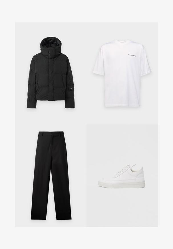 Veste matelassée noire avec un col montant, dotée d'une texture de tissu lisse, d'une fermeture éclair et de deux poches avant. Étiquette de marque sur la manche.; T-shirt blanc à manches courtes en coton avec un col en V, présentant un logo noir "FILLING PIECES" imprimé sur le côté gauche.; Pantalons noirs en coton avec une coupe droite, dotés d'une fermeture à bouton à l'avant et de poches latérales. Texture lisse, sans motifs.; Baskets en cuir blanc avec un embout arrondi, une semelle plate et un laçage à l'avant. Présentent des détails de couture et un col rembourré pour plus de confort.