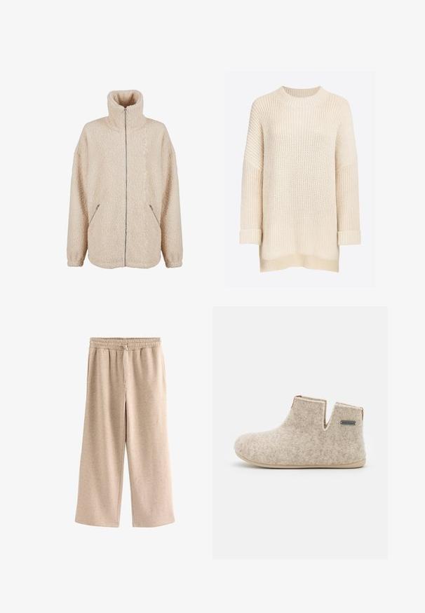Beige sherpa jack met hoge kraag, volledige ritssluiting en zijzakken. Zachte, gestructureerde stof met een losse pasvorm.; Ivan crèmekleurige gebreide trui met een geribbelde ronde hals, verlaagde schouders, lange mouwen en opgerolde manchetten. Zachte, gestructureerde gebreide stof.; Beige broek met wijde pijpen, een elastische tailleband en een koordje, gemaakt van een zachte, gevlekte stof.; Gevochten enkellaarsjes in lichtbeige met een ronde neus, v-vormige uitsnijding bij de kraag en een lichte rubberen zool. Voorzien van een klein logo aan de zijkant.