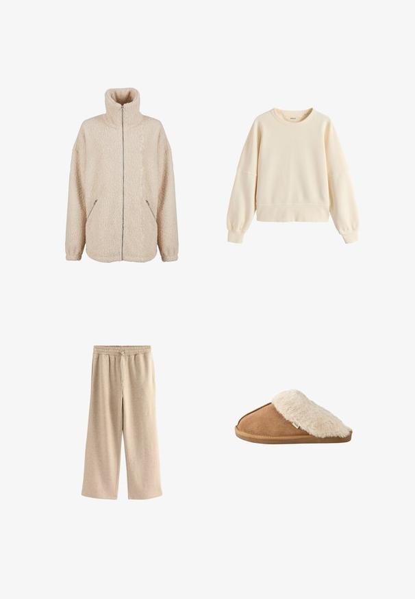 Beige sherpa jack met hoge kraag, volledige ritssluiting en zijzakken. Zachte, gestructureerde stof met een losse pasvorm.; Sweater in roomkleur met ronde hals, lange ballonmouwen en geribde boorden en zoom, eenvoudige casual stijl.; Crème-kleurige wijde broek gemaakt van een zachte katoenmix. Heeft een elastische tailleband met trekkoord en een subtiele gespikkelde textuur.; Bruine instapslipper met zachte beige nep bont voering en zool, zijkant gezien op witte achtergrond.
