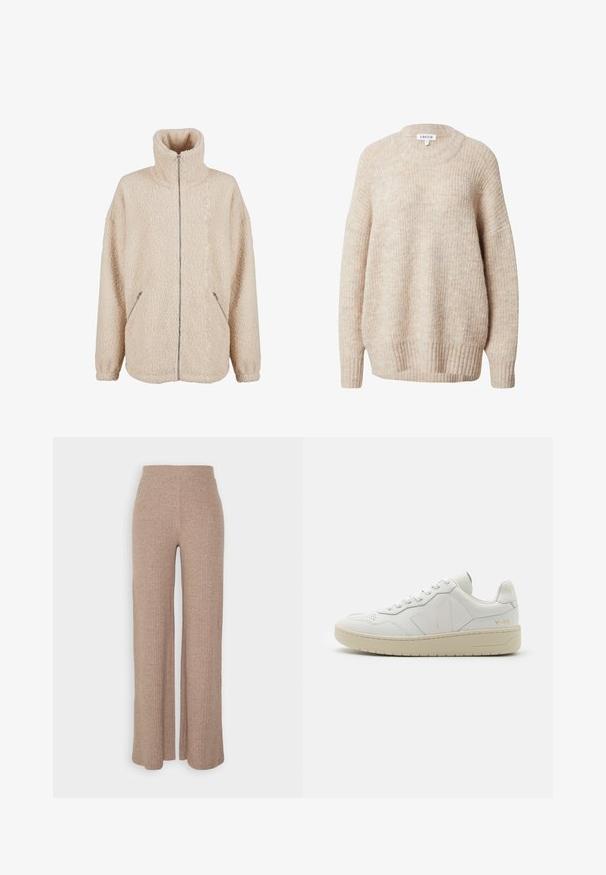 Beige sherpa jack met hoge kraag, volledige ritssluiting en zijzakken. Zachte, gestructureerde stof met een losse pasvorm.; Beige gebreide trui met een ronde hals, verlaagde schouders en geribbelde manchetten en zoom. Heeft een gestructureerde, licht losse pasvorm.; Beige geribbelde wijde broek met een hoge tailleband en zachte textuur, met een losse pasvorm en zonder zichtbare sluitingen.; Witte leren sneakers met geperforeerde teendoos, contrasterende beige rubberen zool en logo-accenten op de zijkant en hiel. Minimalistisch ontwerp.