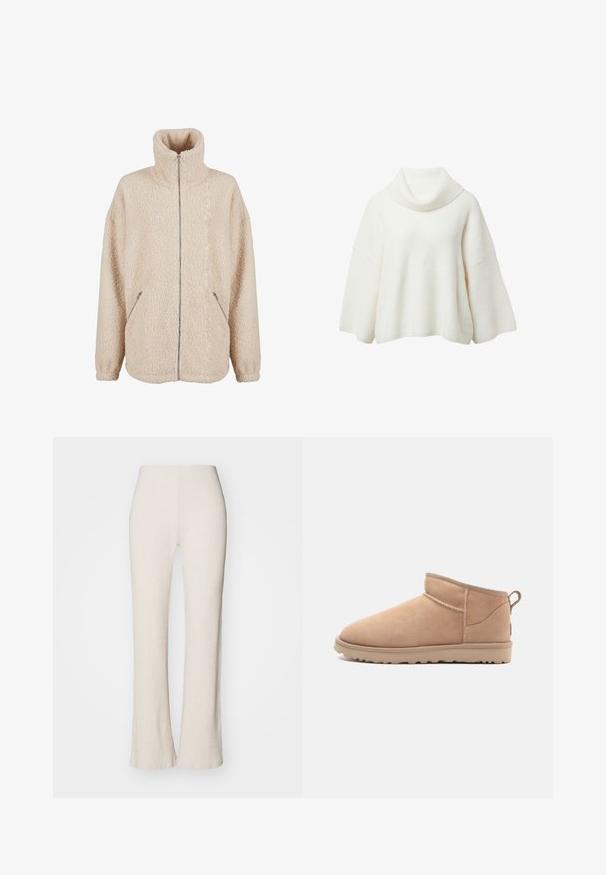 Beige sherpa jack met hoge kraag, volledige ritssluiting en zijzakken. Zachte, gestructureerde stof met een losse pasvorm.; Witte, geribbelde gebreide trui met een colkraag en brede mouwen. Zachte textuur, ontspannen pasvorm en de zoom valt op de taille.; Crème ribgebreide broek met een flared leg ontwerp, met een hoge tailleband en een zachte textuur. De stof lijkt rekbaar en zacht.; Tan suède enkellaars met een afgeronde neus, zachte textuur, eenvoudig ontwerp en een laag profiel rubberen zool. Voorzien van een trekhaak aan de achterkant.
