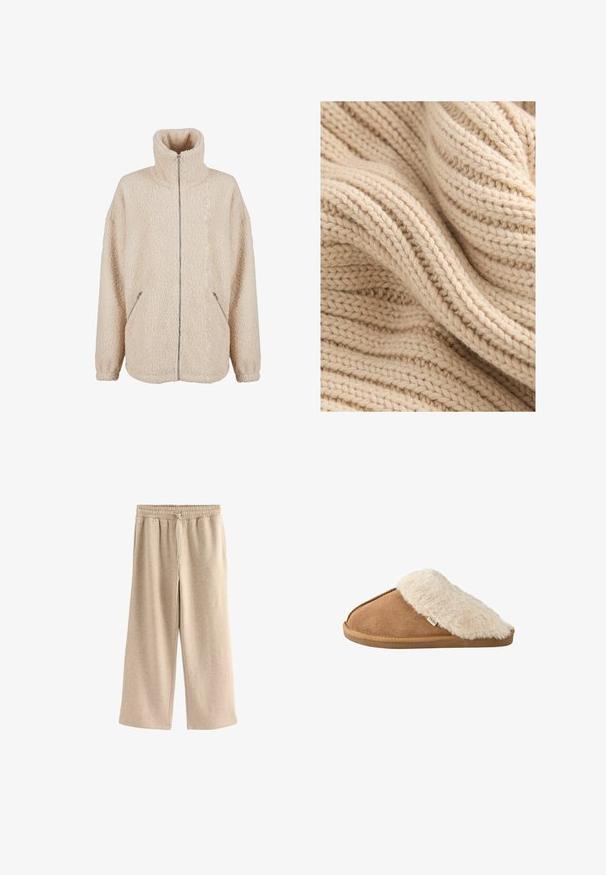 Beige sherpa jack met hoge kraag, volledige ritssluiting en zijzakken. Zachte, gestructureerde stof met een losse pasvorm.; Beige gebreide stof met getextureerde ribbels, met variërende dikte en een zachte, donzige uitstraling. Draden zijn dicht geweven.; Crème-kleurige wijde broek gemaakt van een zachte katoenmix. Heeft een elastische tailleband met trekkoord en een subtiele gespikkelde textuur.; Bruine instapslipper met zachte beige nep bont voering en zool, zijkant gezien op witte achtergrond.