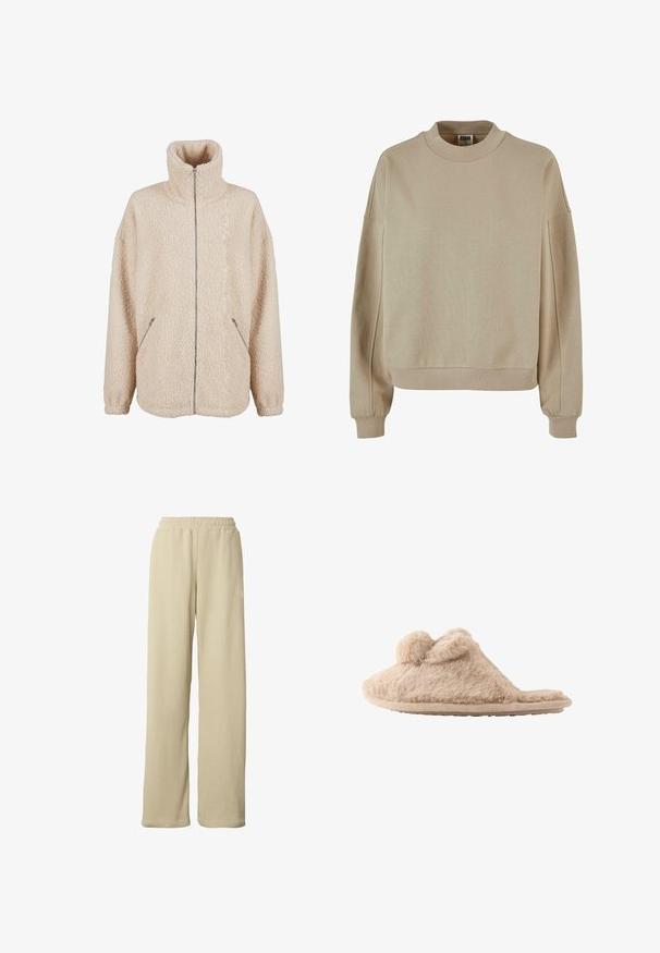 Beige sherpa-jakke med høj krave, fuld lynlås og sidelommer. Blødt, struktureret stof med en afslappet pasform.; Beige sweatshirt med høj krave, ribbede manchetter og afslappet pasform. Materialet ser blødt ud med en tekstureret overflade.; Beige ribstrikkede bukser med vidde ben, elastisk taljebånd og diskret lille hvidt logo på den øverste del af låret.; Beige, fløjlsblød hjemmesko med to pomponer på toppen og en flad sål, designet til indendørs brug.