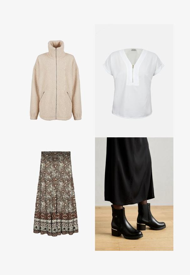 Beige sherpa-jakke med høj krave, fuld lynlås og sidelommer. Blødt, struktureret stof med en afslappet pasform.; Hvid kortærmet bluse med V-hals og foran lynlås, ærmer med manchetter og en løs pasform, på en ensfarvet lys baggrund.; Lang nederdel med brune, creme og sorte indviklede paisley- og blomsterprint, med en bred mønstret kant nær kanten.; Sorte læder ankelstøvler med en chunky hæl, guldhardware-detaljer, struktureret sål og elastiske sidepaneler, parret med en sort nederdel.