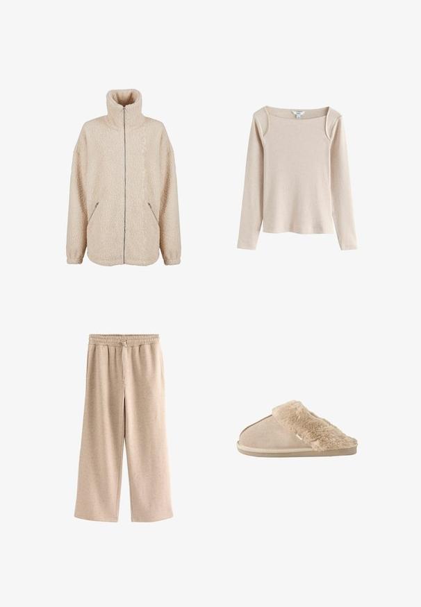 Beige sherpa jack met hoge kraag, volledige ritssluiting en zijzakken. Zachte, gestructureerde stof met een losse pasvorm.; Beige ribgebreide top met lange mouwen, vierkante halslijn en lichte schouderdetails, getoond op een witte achtergrond.; Beige broek met wijde pijpen, een elastische tailleband en een koordje, gemaakt van een zachte, gevlekte stof.; Beige instappantoffel met zachte suède buitenkant en een zachte, pluizige voering en boord, ontworpen voor binnencomfort.