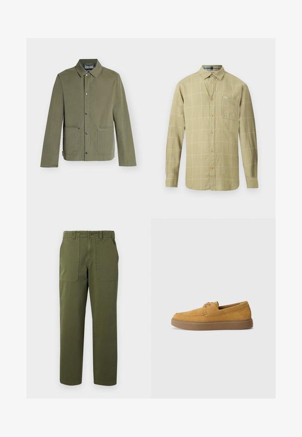 Veste décontractée vert olive avec fermeture à boutons-pression, deux poches avant et un col classique, style homme.; Chemise à manches longues vert olive clair avec motif à carreaux blancs et poche poitrine, présentée sur fond blanc.; Pantalon vert à jambes droites avec poches plaquées à l'avant, passants pour ceinture, fermeture par bouton et poches latérales sur un fond uni.; Chaussures slip-on en suède marron avec une finition texturée, un bout rond et une semelle en caoutchouc contrastante. Présente une marque discrète près du talon.