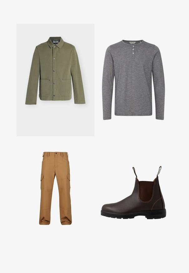 Veste décontractée vert olive avec fermeture à boutons-pression, deux poches avant et un col classique, style homme.; T-shirt henley gris à manches longues en tissu doux, avec un col rond, un devant à trois boutons et une texture subtile.; Pantalons cargo marron en tissu durable, dotés de plusieurs poches, d'une coupe décontractée et de détails de couture renforcée.; Botte Chelsea en cuir marron avec panneau latéral élastique, coutures marron, languettes de tirage, et une semelle en caoutchouc durable avec un motif texturé.