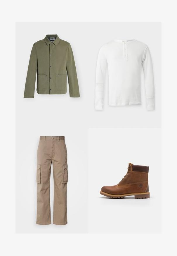 Veste décontractée vert olive avec fermeture à boutons-pression, deux poches avant et un col classique, style homme.; T-shirt thermique blanc à manches longues avec col rond et patte de boutonnage à trois boutons, présenté à plat sur fond clair.; Pantalon cargo beige en coton, avec une coupe décontractée, deux poches latérales et une fermeture à bouton à la taille.; Botte de randonnée en cuir marron avec une finition lisse, cheville rembourrée, œillets en métal et semelle en caoutchouc dotée d'un motif de crampons robuste.