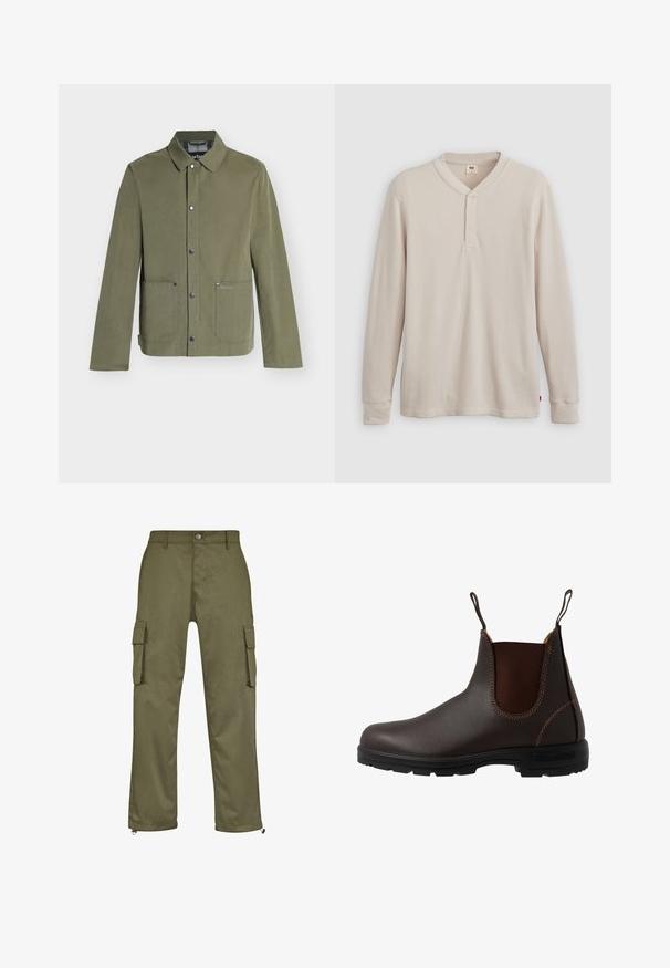 Veste décontractée vert olive avec fermeture à boutons-pression, deux poches avant et un col classique, style homme.; T-shirt henley à manches longues en tissu côtelé beige clair, avec un col en V, une patte de boutonnage à trois boutons et des manches à poignets. Étiquette logo rouge à l'ourlet.; Pantalons cargo verts olive avec une coupe droite, deux poches latérales et des fermetures éclair au niveau des chevilles. Fabriqués à partir de tissu durable.; Botte Chelsea en cuir marron avec panneau latéral élastique, coutures marron, languettes de tirage, et une semelle en caoutchouc durable avec un motif texturé.