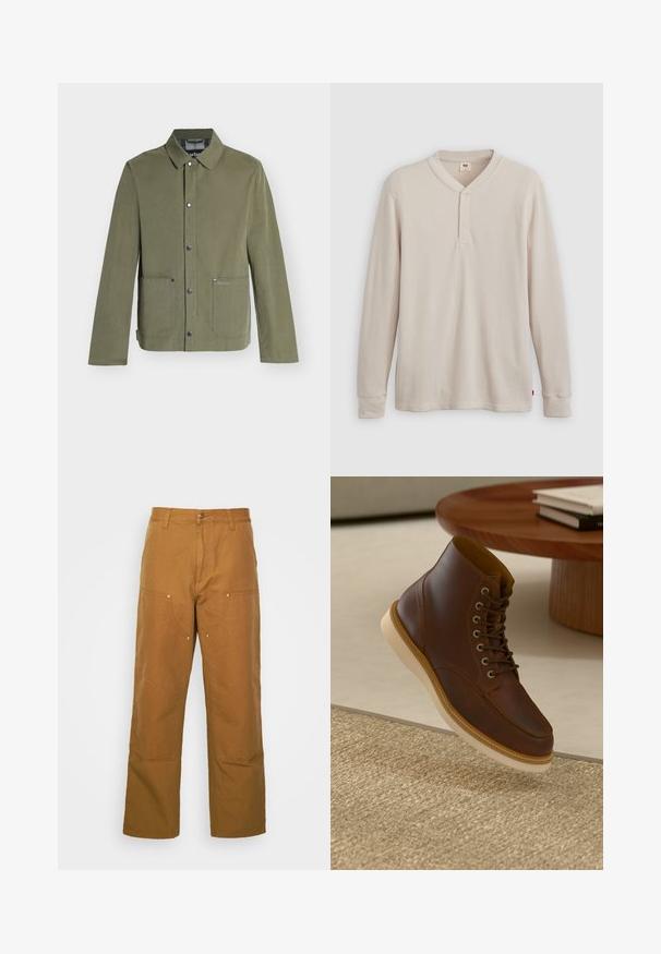 Veste décontractée vert olive avec fermeture à boutons-pression, deux poches avant et un col classique, style homme.; T-shirt henley à manches longues en tissu côtelé beige clair, avec un col en V, une patte de boutonnage à trois boutons et des manches à poignets. Étiquette logo rouge à l'ourlet.; Pantalons utilitaires en coton marron avec une coupe droite, dotés de poches avant et d'accents en métal pour une durabilité accrue.; Bottine en cuir marron avec semelle beige sur un tapis beige texturé à côté d'une table ronde en bois avec des livres empilés.
