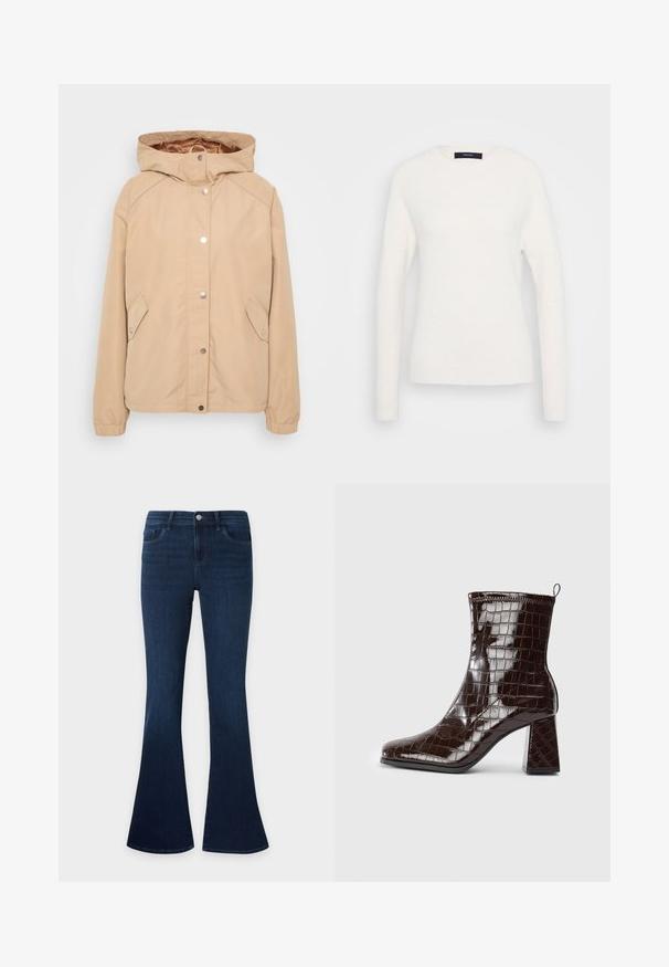 Beige kapuzenjacke mit Druckknopfverschluss, Seitentaschen, elastischen Ärmeln und glatter Textur. Verstärkte Schulternähte und sichtbares Innenfutter.; Langärmliger weißer Pullover mit Rundhalsausschnitt und gerippten Bündchen und Saum, auf einem schlichten hellgrauen Hintergrund präsentiert.; Dunkelblaue Denim-Jeans mit hoher Taille und ausgestellten Beinen, mit Vordertaschen, Gürtelschlaufen und Knopfverschluss.; Dunkelbraune Lackleder-Ankle Boots mit Krokodillederstruktur, Blockabsatz und Zuglasche hinten vor weißem Hintergrund.