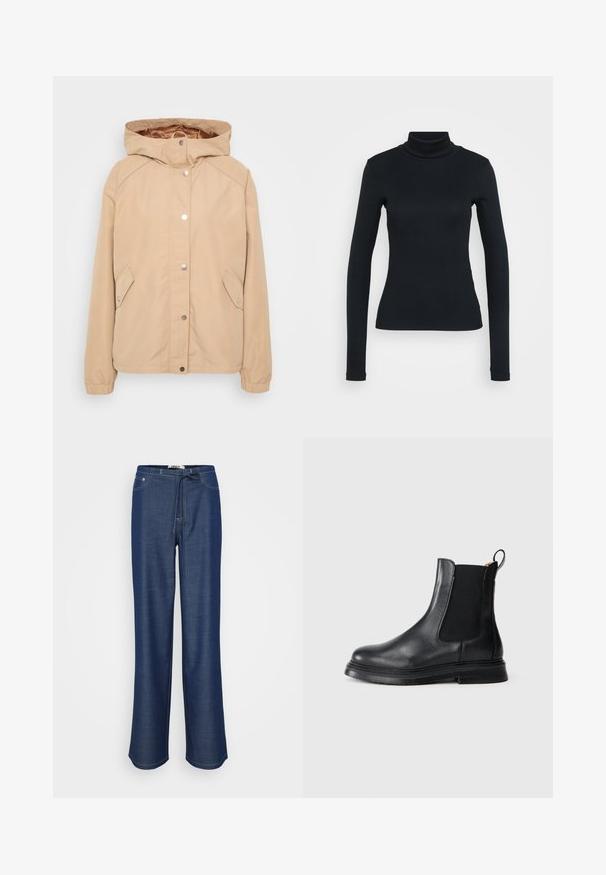 Beige hoodie met drukknopen, zijzakken, elastische mouwen en een gladde textuur. Verstevigde schoudernaden en zichtbaar interieurvoering.; Zwarte langemouwribbeltrui met col in een aansluitende silhouet op een effen lichte achtergrond.; Donkerblauwe denim broek met een relaxte pasvorm, elastische tailleband, trekkoord detail en contrasterende witte stiksels.; Zwarte leren Chelsea-boot met elastische zijkanten, ronde neus en een gestructureerde zwarte rubberen zool. Voorzien van een trekband voor eenvoudig aan- en uittrekken.