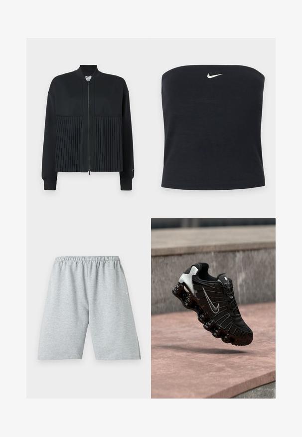 Schwarze Jacke mit einem Reißverschluss vorne, bestehend aus einem glatten oberen Abschnitt und einem gefältelten unteren Abschnitt. Hergestellt aus weichem, dehnbarem Material.; Schwarzes, trägerloses Nike Tube-Top mit weißem Swoosh-Logo, mittig nahe dem oberen Rand, einfarbiger Hintergrund.; Hellgraue knielange Sportshorts mit elastischem Bund und kleinem weißem Logo am linken Bein.; Schwarzer Sneakerschuh mit strukturiertem Mesh-Obermaterial, silbernen Akzenten und einer dicken, glänzenden schwarzen Sohle mit abgerundeten Dämpfungselementen.