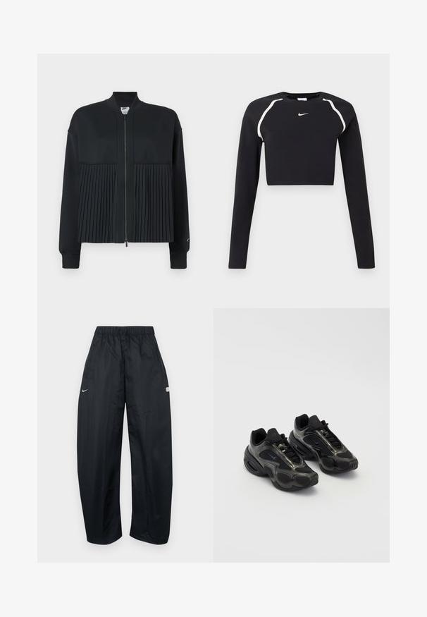 Sort jakke med lynlås fortil, der har en glat overdel og en plisseret nederdel. Består af blødt, strækbart materiale.; Sort langærmet cropped sports top med hvide buede skulderstriber og lille hvid Nike swoosh-logo i midten af brystet.; Sorte, løstsiddende træningsbukser lavet af let materiale. Har elastisk talje, justerbar snor og logo-accenter.; Sorte sportssko lavet af syntetisk materiale med mesh-detaljer og afrundede såler. Har snørresystem og fremtrædende Nike-logo på tungen.